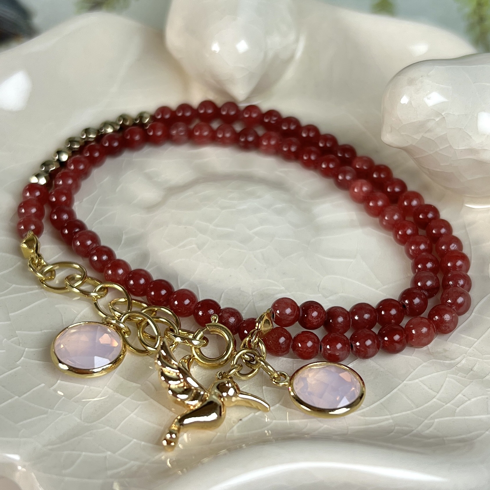 PULSERA/COLLAR AGATA, HEMATITA Y CRISTAL ROSADO